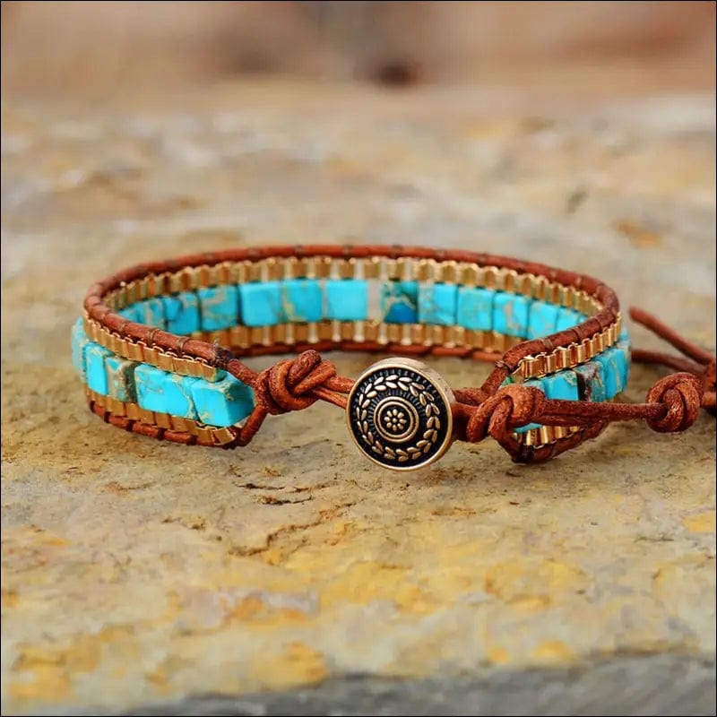 New Women Wrap Bracelets Turquise Stones Gold Chain Woven