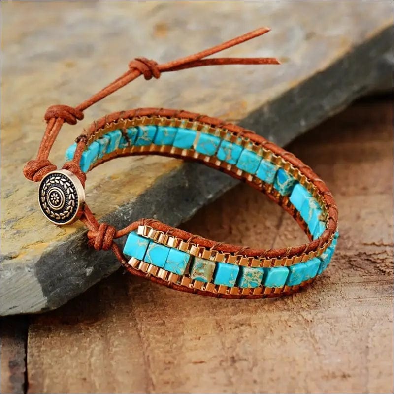 New Women Wrap Bracelets Turquise Stones Gold Chain Woven