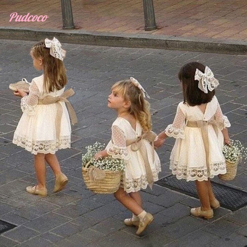 Vestido de encaje de fiesta para niñas pequeñas de primavera, vestidos blancos de dama de honor a la moda para niños hasta la rodilla, vestidos de princesa de boda con lazo de manga larga