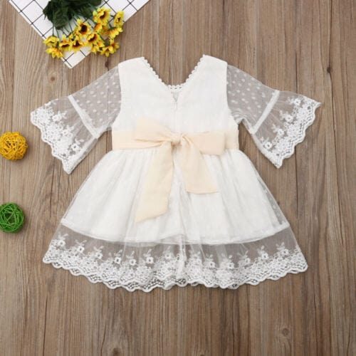 Spring Toddler Baby Girls Party Lace Dress Fashion Bridesmaid White Kids Knee-Length Long Sleeve Bow Wedding Princess Dresses