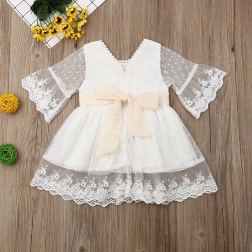 Vestido de encaje de fiesta para niñas pequeñas de primavera, vestidos blancos de dama de honor a la moda para niños hasta la rodilla, vestidos de princesa de boda con lazo de manga larga