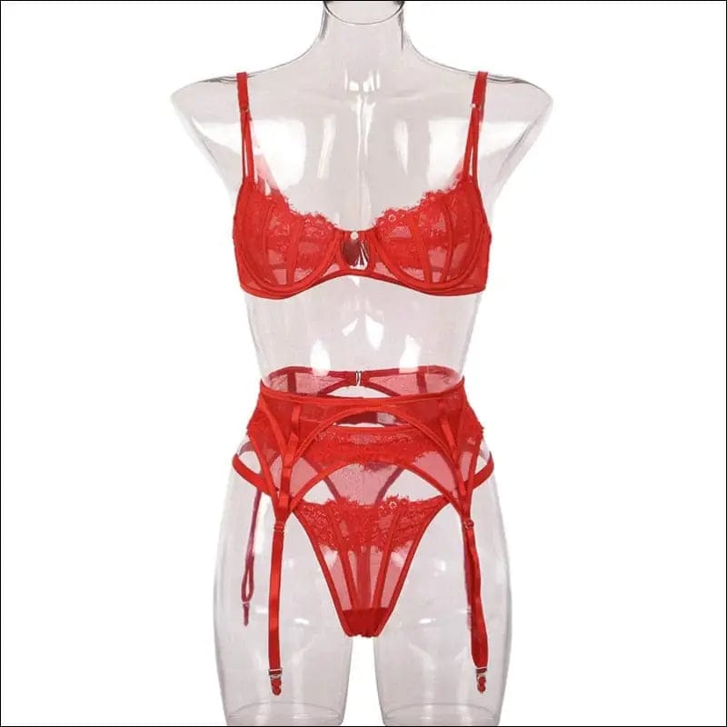 Red Lace Underwire Bra Garter Panty Lingerie Set -
