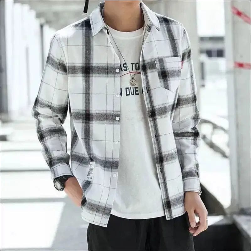 SHiONFA Retro Plaid Shirts for Men Spring and Autumn Korean