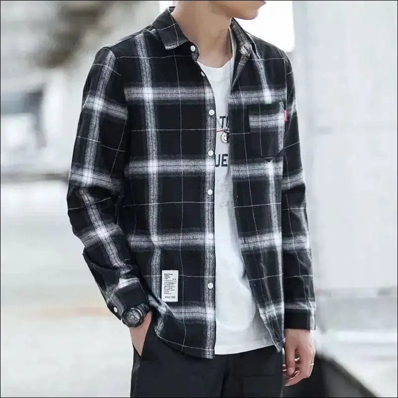 SHiONFA Retro Plaid Shirts for Men Spring and Autumn Korean