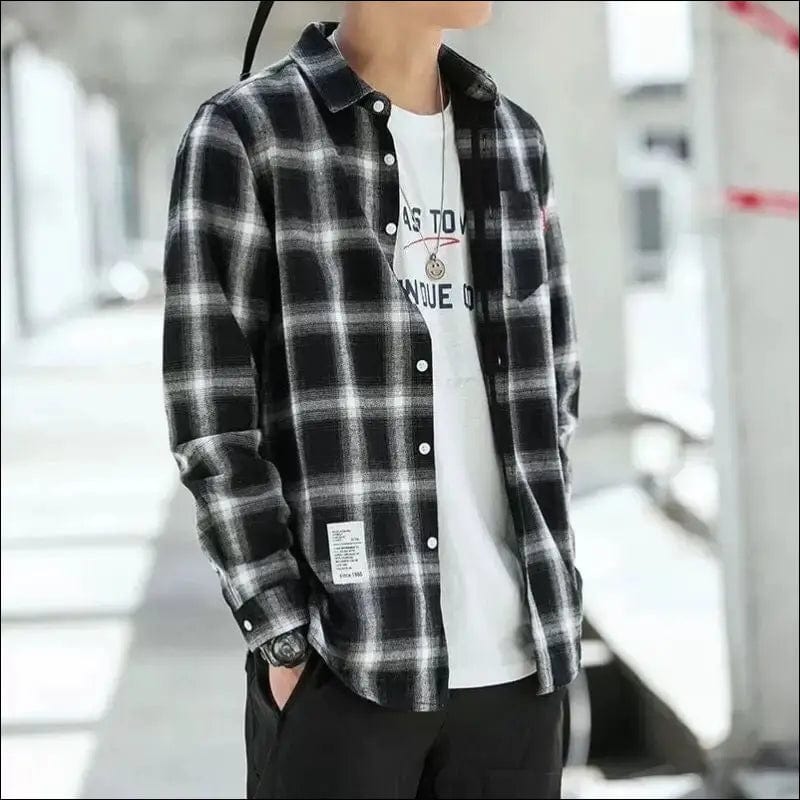 SHiONFA Retro Plaid Shirts for Men Spring and Autumn Korean