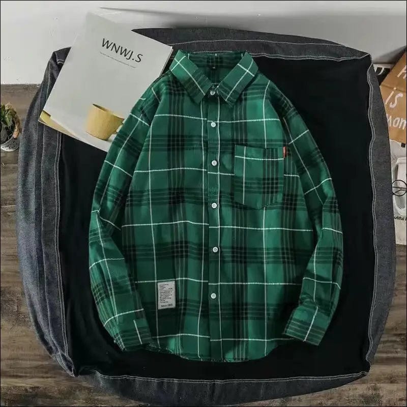 SHiONFA Retro Plaid Shirts for Men Spring and Autumn Korean