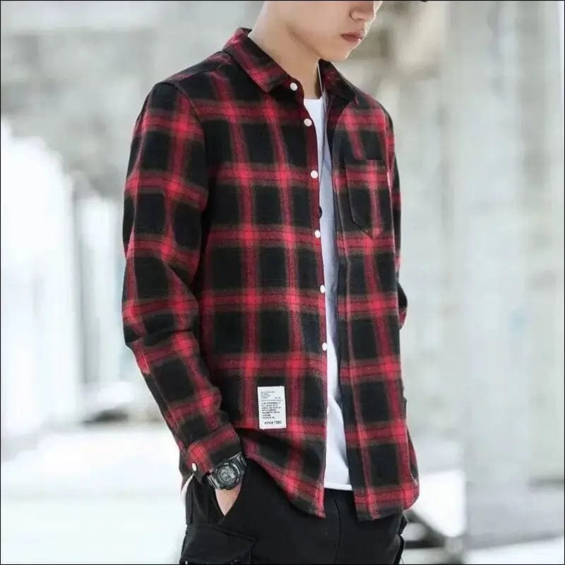 SHiONFA Retro Plaid Shirts for Men Spring and Autumn Korean