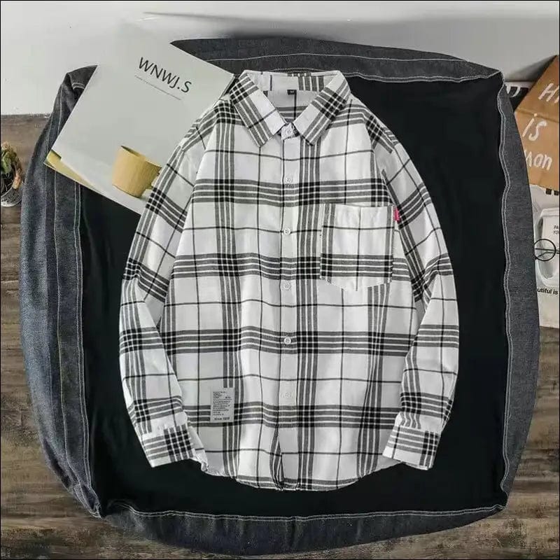 SHiONFA Retro Plaid Shirts for Men Spring and Autumn Korean