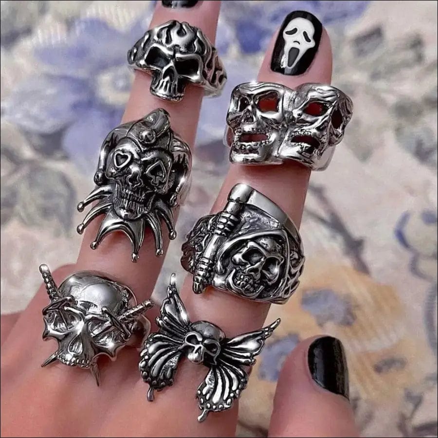 Silver Gothic Punk Graphic Rings - 51799629-7-rabbit BROKER