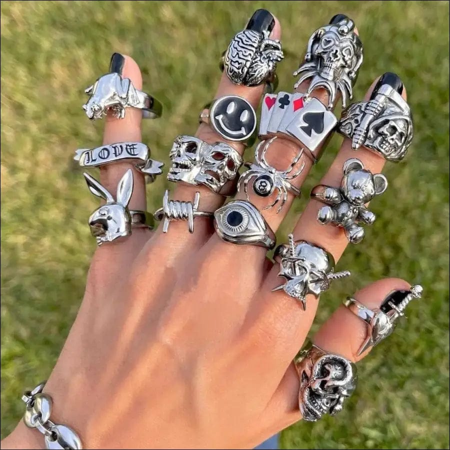 Silver Gothic Punk Graphic Rings - 51799629-7-rabbit BROKER