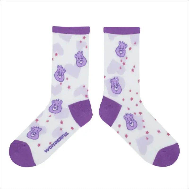 Spring and summer love purple yellow bear cotton socks wood