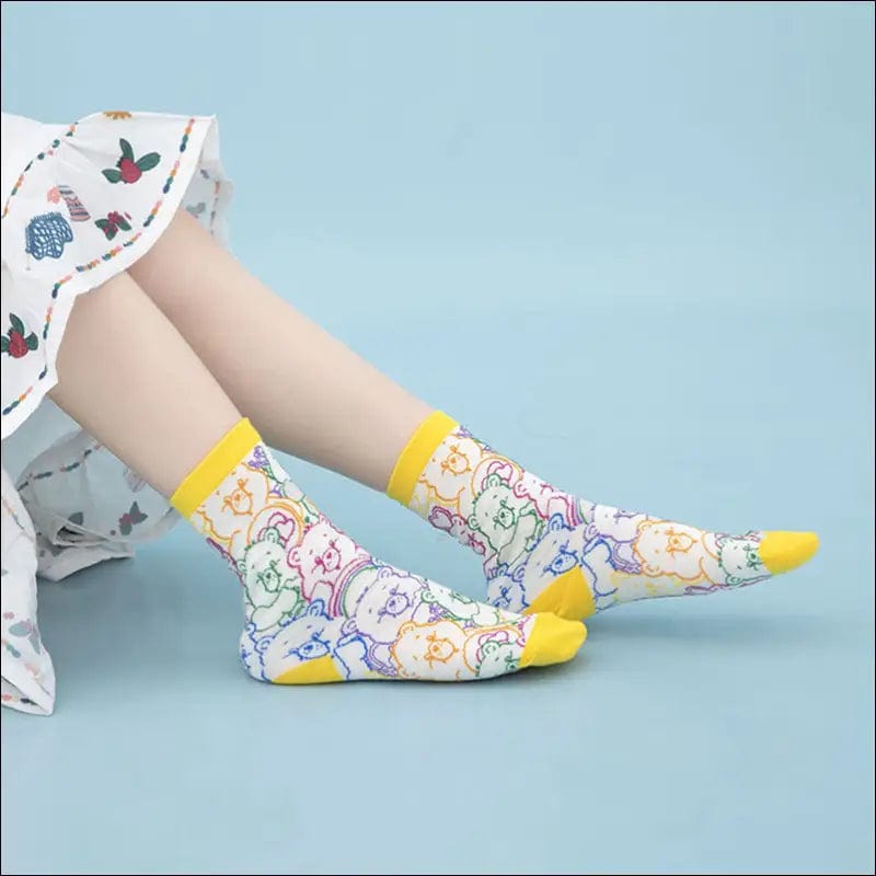 Spring and summer love purple yellow bear cotton socks wood