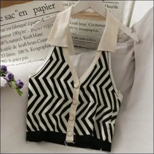 Striped Vest Turn-Down Collar Halter - black / One Size -