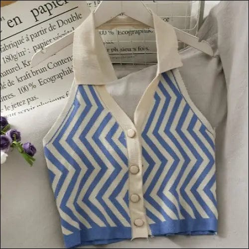 Striped Vest Turn-Down Collar Halter - blue / One Size -
