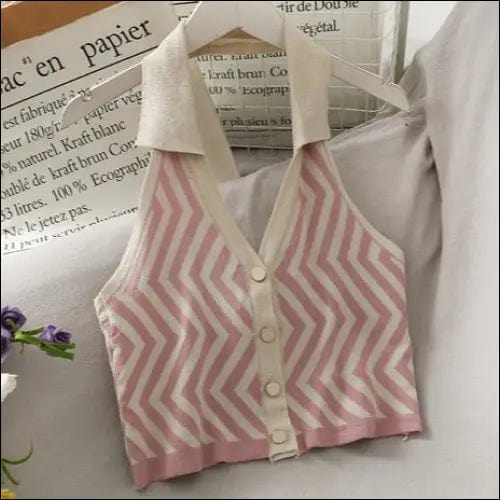 Striped Vest Turn-Down Collar Halter - pink / One Size -