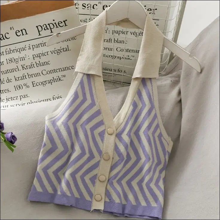 Striped Vest Turn-Down Collar Halter - purple / One Size -