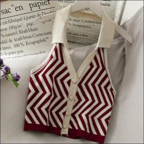 Striped Vest Turn-Down Collar Halter - red / One Size -