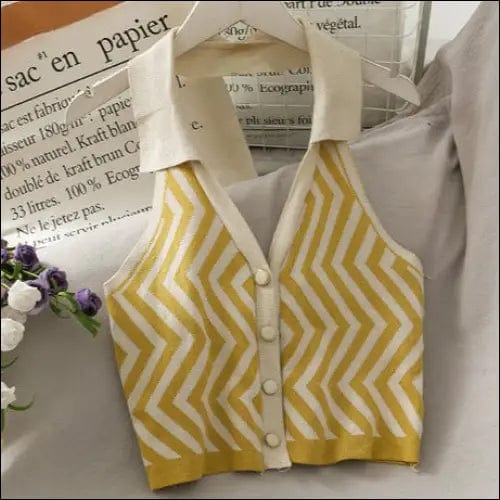 Striped Vest Turn-Down Collar Halter - yellow / One Size -