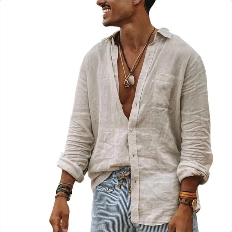 Summer Vintage Cotton Linen Shirt Men Casual Long Sleeve
