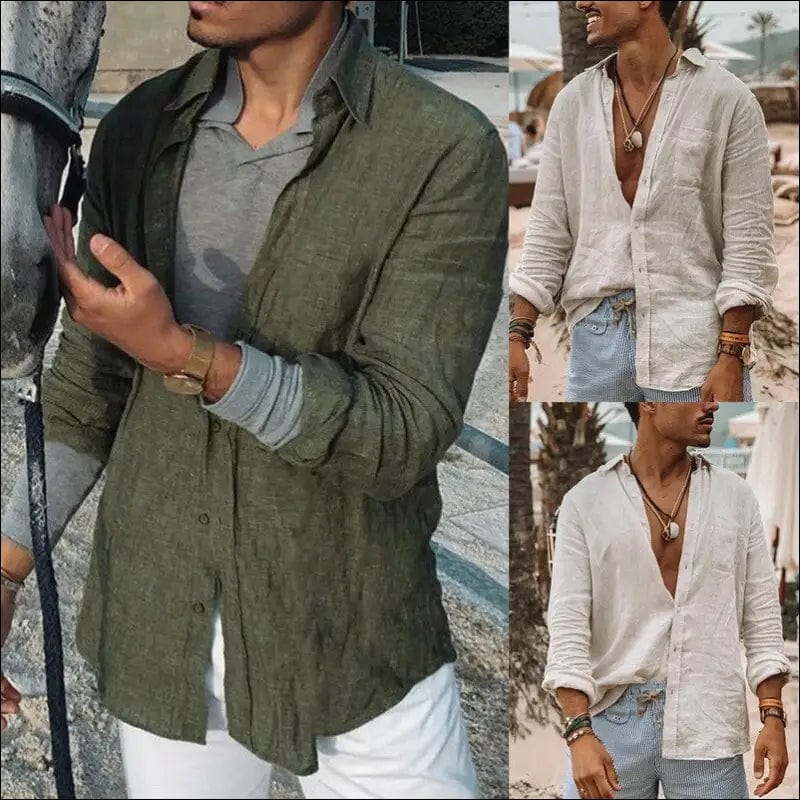 Summer Vintage Cotton Linen Shirt Men Casual Long Sleeve