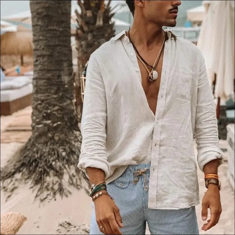 Summer Vintage Cotton Linen Shirt Men Casual Long Sleeve