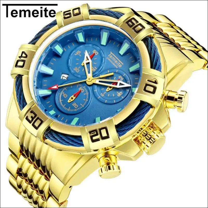 TEMEITE Top Luxury Brand Blue Golden Quartz Watch Stainless