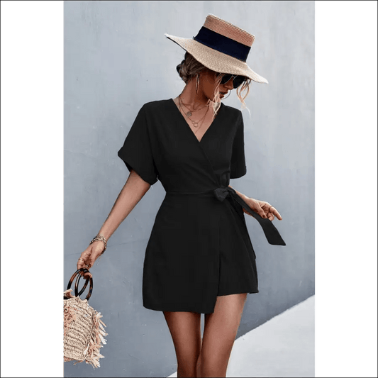 Tied Surplice Short Sleeve Romper - 12822855-black-s BROKER