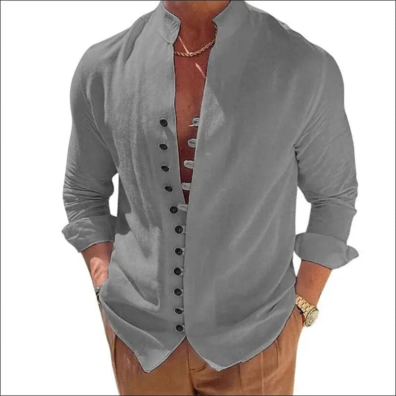 Vintage Men Button-up Casual Solid Color Cotton Linen Tops