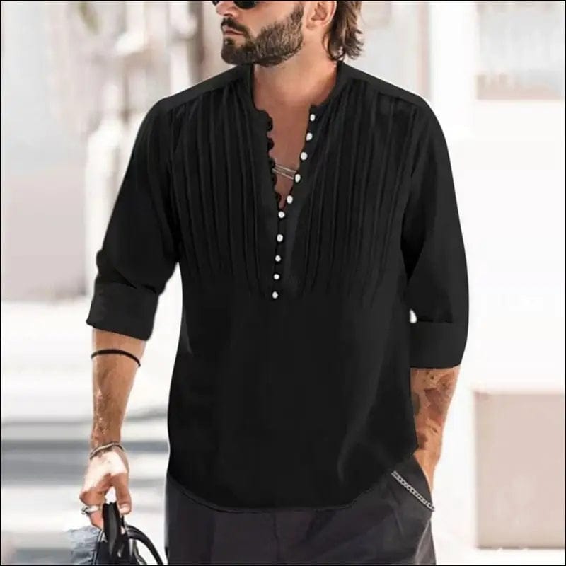 Vintage Men Button-up Casual Solid Color Cotton Linen Tops