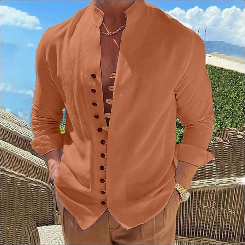 Vintage Men Button-up Casual Solid Color Cotton Linen Tops