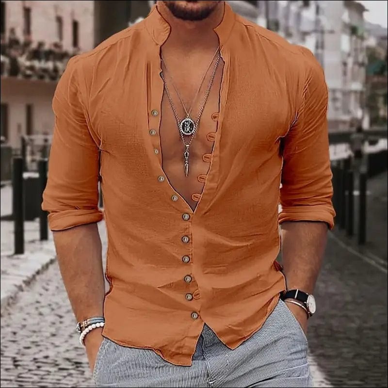 Vintage Men Button-up Casual Solid Color Cotton Linen Tops