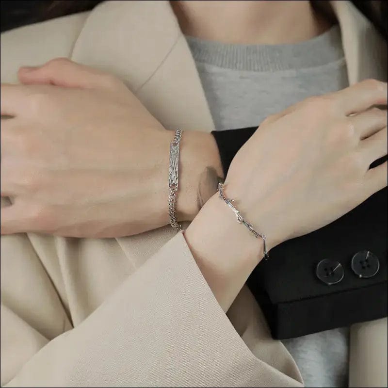 \Wooden branch\ couple silver bracelet female male a small