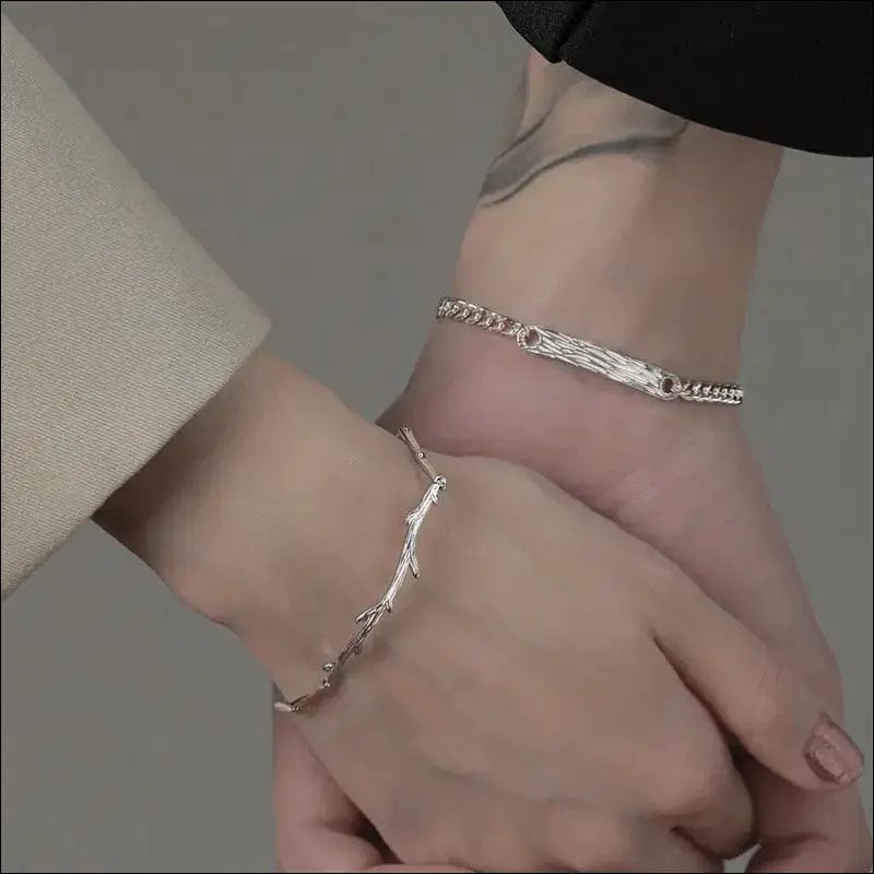 \Wooden branch\ couple silver bracelet female male a small