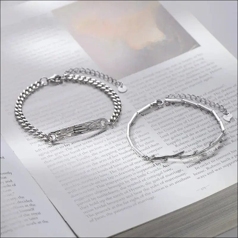 \Wooden branch\ couple silver bracelet female male a small