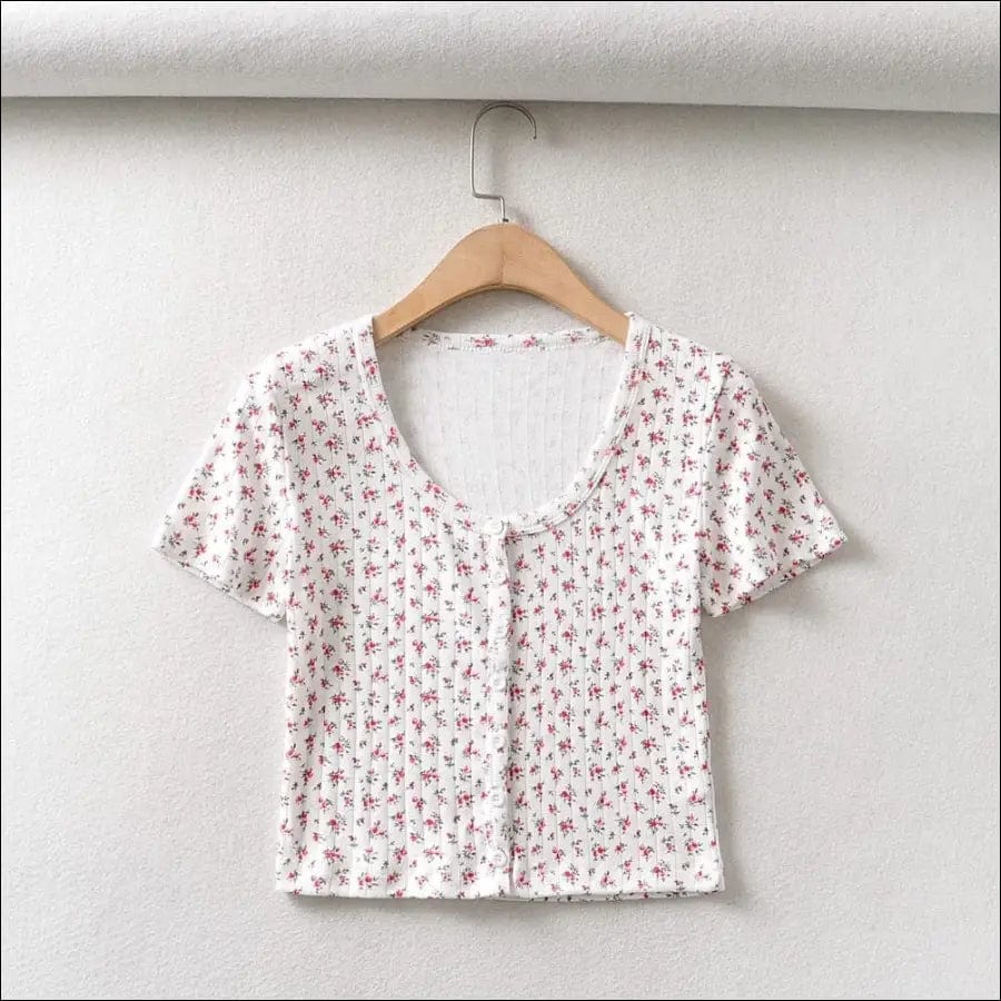 Y2K Basic Floral Button-Up Ribbed Top - red / S -