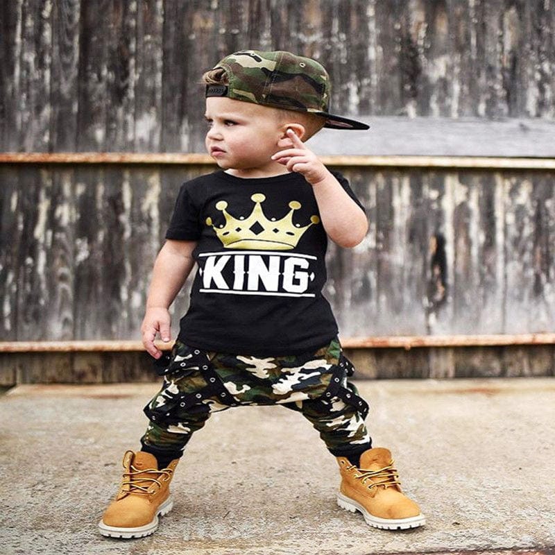 2022 cross-border children's clothing T-shirt two-piece summer short-sleeved black top casual camouflage pants boys suit
