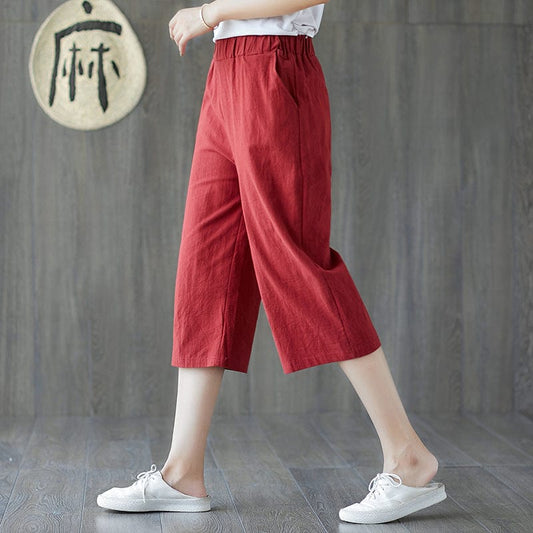 100% cotton seven pants women's summer quasi cotton pants women's new literary large size loose wide-leg pants straight casual