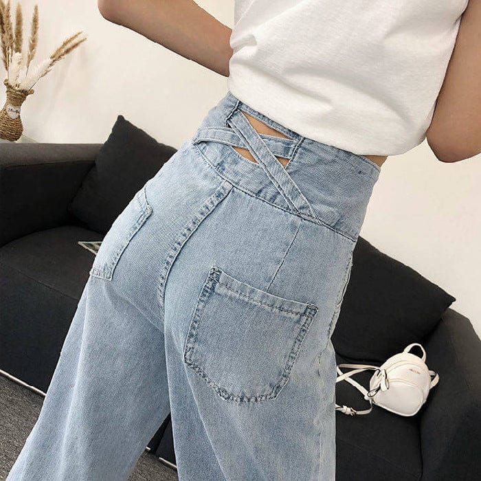 2021 summer new high waist wide legs, Ya cross waist, jeans female Korean version of the thin trousers thin straight