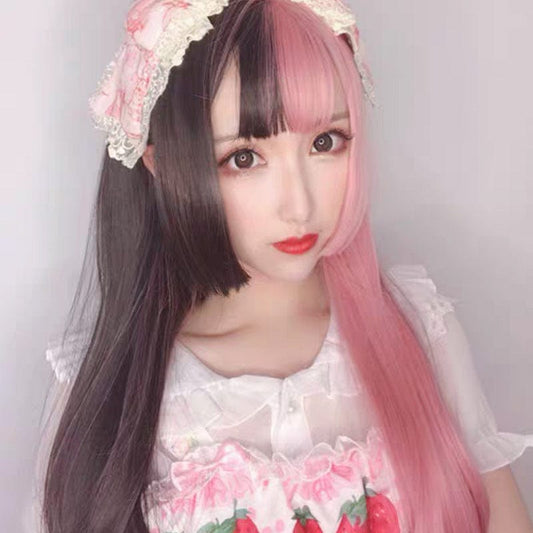 Yin Yang color wig female powder black double tried raw princess cut long straight hair personal handsome cosplay fake