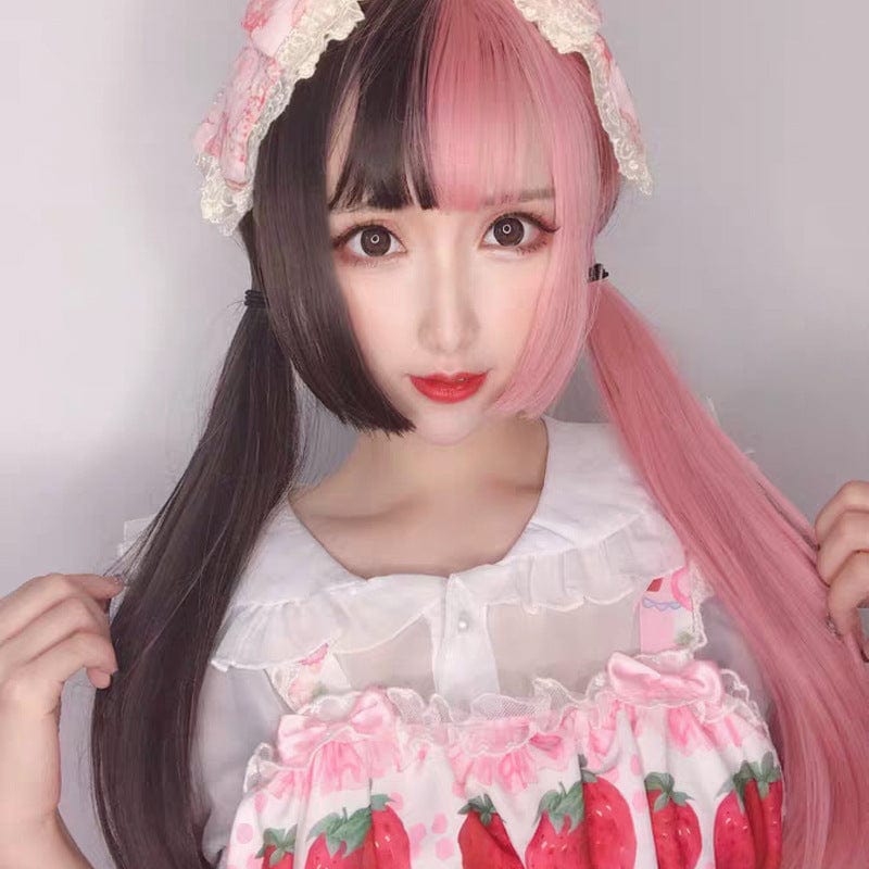 Yin Yang color wig female powder black double tried raw princess cut long straight hair personal handsome cosplay fake