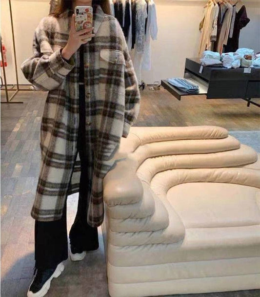 Autumn and winter new blue plaid gathered lapel wool long section coat coat female college wind