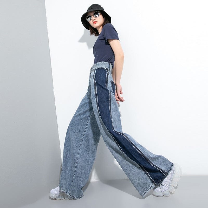 Hip-Hop tide card 2020 summer new water-washing splicing jeans European station personality wide legs trousers 88083