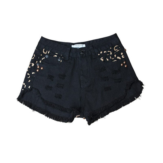 Station européenne AliExpress trou rivets denim shorts européens et américains lâches pieds larges taille haute imprimé pantalons chauds