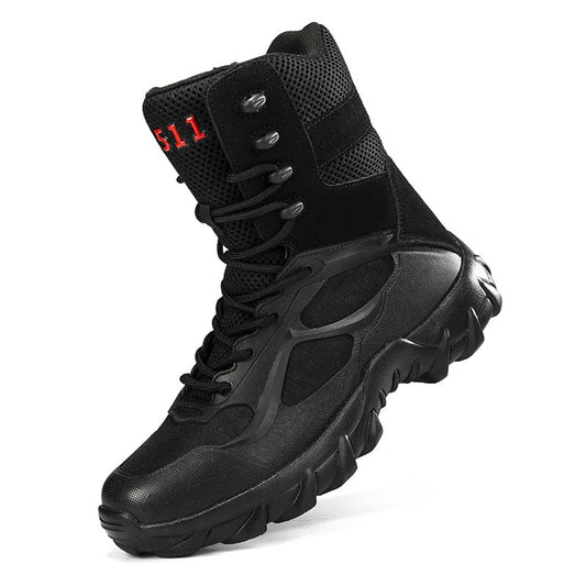 Men's Trendy Solid High Top Military Style Boots, Comfy Non Slip Lace Up Durable Shoes For Men's Outdoor Hiking, Trekking Activities