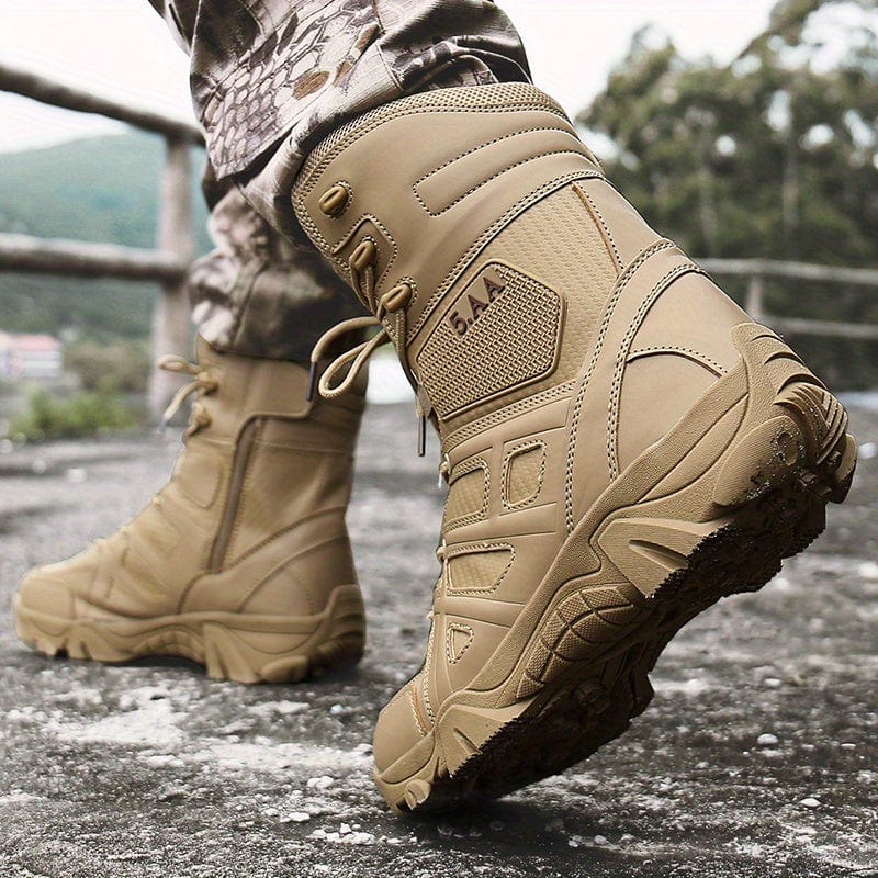 Men's Solid High Top Military Tactical Boots, Comfy Non Slip Lace Up Durable Shoes For Men's Outdoor Activities