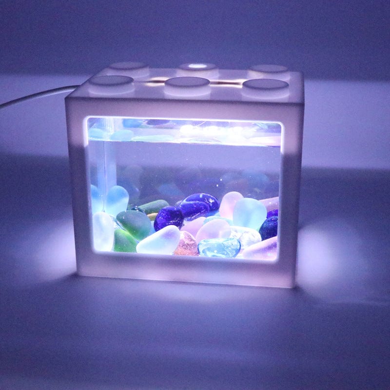 Mini block transparent fish tank Thai bucket fish tank small desktop living room home Turtle gold fish cylinder with USB lamp