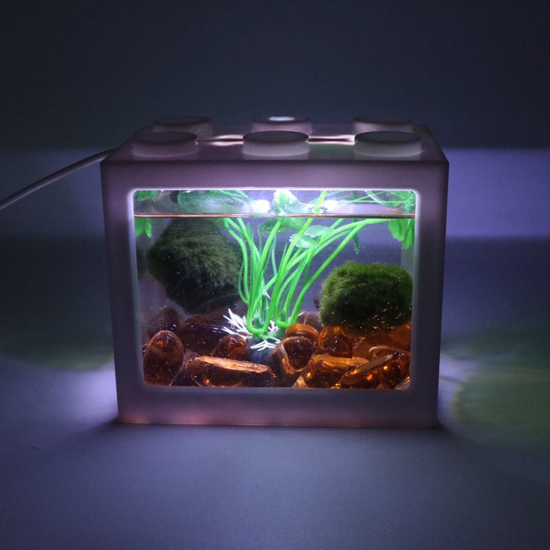 Mini block transparent fish tank Thai bucket fish tank small desktop living room home Turtle gold fish cylinder with USB lamp