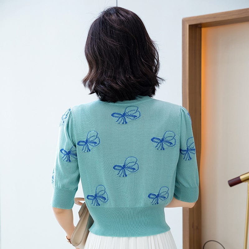 Pull en soie à col rond pour femme, haut court en jacquard avec nœud, nouvelle version coréenne, début d'automne, 2020