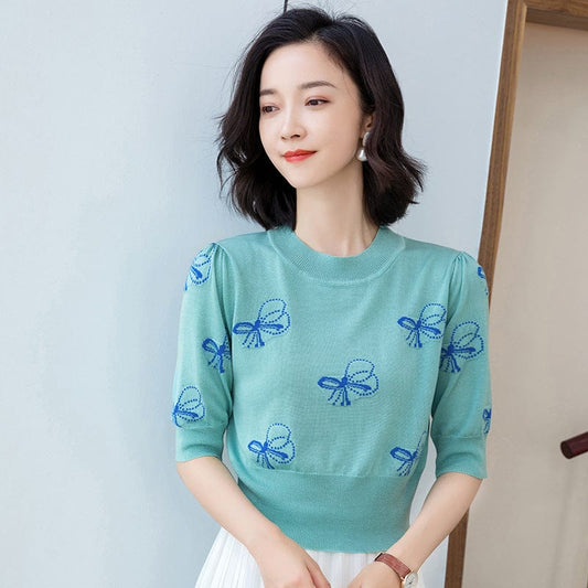 Early autumn silk puller round neck sweater 2020 new Korean version of the bow jacquard short top women's hobs