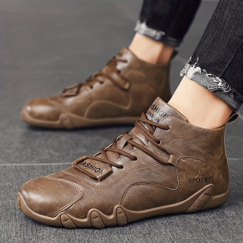 Men's Trendy Solid Ankle Boots, Comfy Non Slip Casual Lace Up Shoes, Winter & Autumn